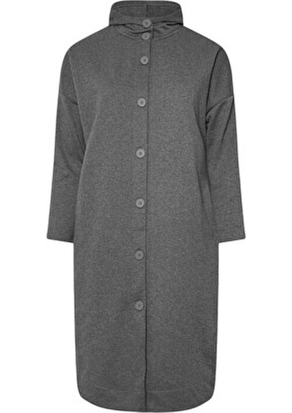 Kadın Büyük Beden Kapüşonlu Cepli Uzun Ceket Düğme Kapamalı Dokuma Kumaş