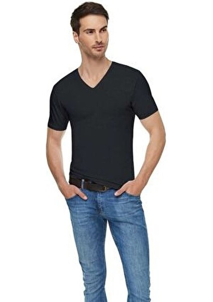 Elit Erkek Beyaz Elastan Likralı V Yaka Pamuklu Fanila