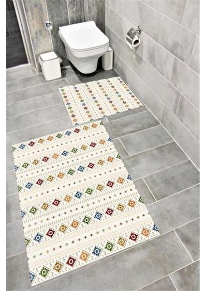 Su Emici Yumuşak Kaymaz Taban Sünger Dolgulu Pamuksu Doku Yıkanabilir Dekoratif Banyo Paspası 1241