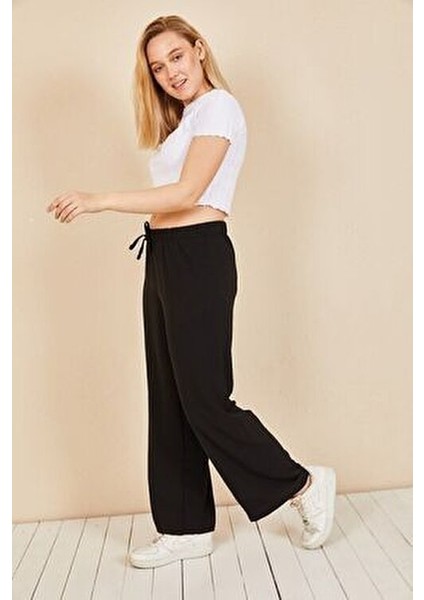 Kadın Siyah Beli Lastikli Bol Paça Yazlık Pantolon Moda Bu Viskon Klasik Stil AEROBIN-865829