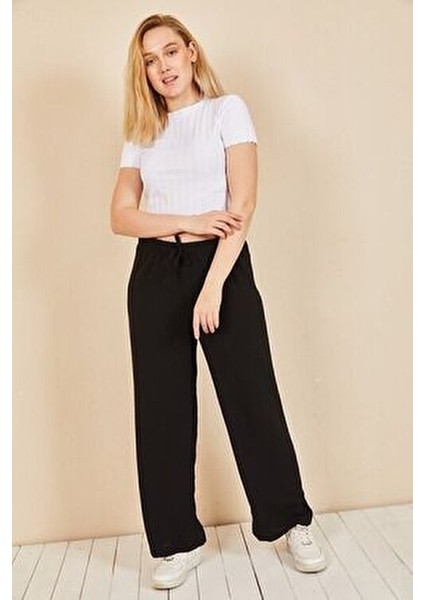 Kadın Siyah Beli Lastikli Bol Paça Yazlık Pantolon Moda Bu Viskon Klasik Stil AEROBIN-865829 modelleri