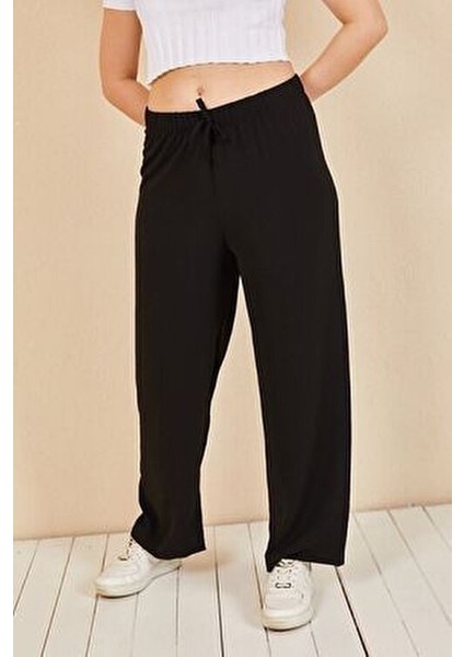 Kadın Siyah Beli Lastikli Bol Paça Yazlık Pantolon Moda Bu Viskon Klasik Stil AEROBIN-865829 indirimleri