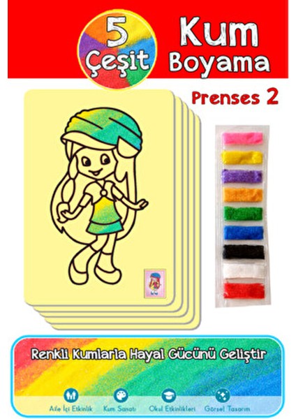 Kırmızı Prenses Paket 5 Farklı Kum Boyama Etkinliği A4 Boyutu Karton 3+ Yaş İçin Eğlenceli Aktivite