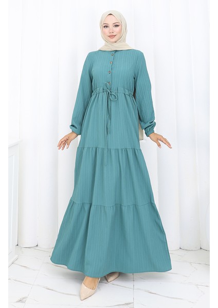 Kolu Lastikli Belden Bağlamalı Elbise 2158-04 Petrol