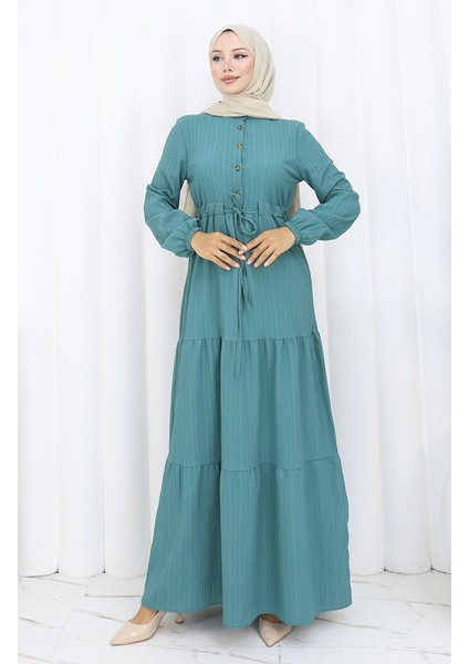 Kolu Lastikli Belden Bağlamalı Elbise 2158-04 Petrol modelleri