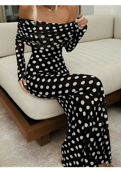 Puantiyeli Tül Içi Astarlı Madonna Yaka Maxi Boy Elbise