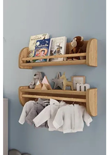 Montessori Ikili Çok Amaçlı Mdflam Dekoratif Duvar Rafı - Safir Meşe