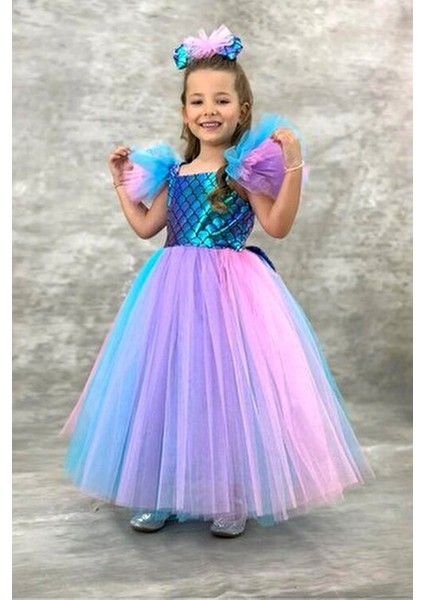Tüllü Kabarık Etekli Süper Konsept Deniz Kızı Pul Desenli Kız Çocuk Abiye-Parti-Doğum Günü Kostümü fiyatları