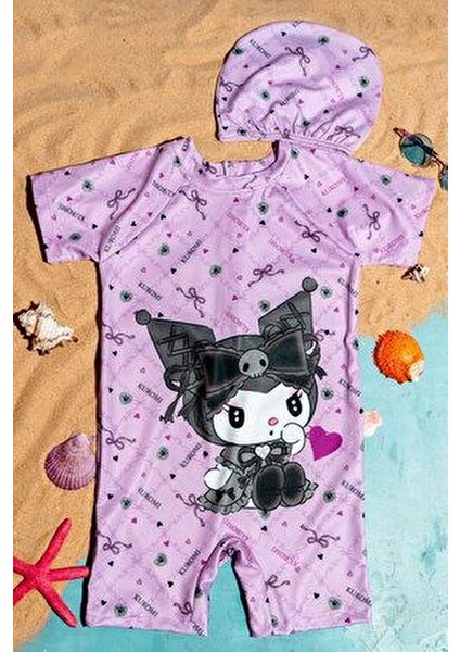 Baskılı Boneli Kız Çocuk Yüzücü Mayo