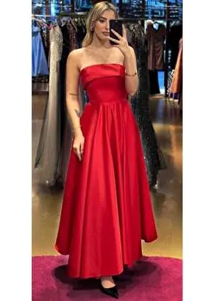 Kırmızı Kloş Etekli Saten Midi Abiye Elbise - 7647