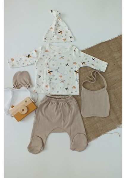 %100 Pamuk 5 Parça Unisex Uçak Model Hastane Çıkışı Takım Seti