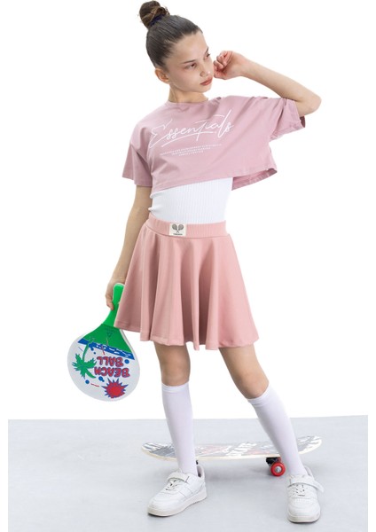 Gül Kurusu Beli Lastikli Fitilli Kız Çocuk Tenis Eteği 21042