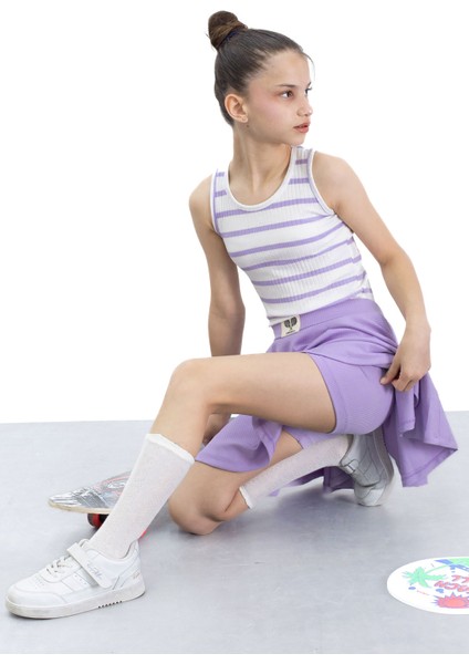 Lila Beli Lastikli Fitilli Kız Çocuk Tenis Eteği 21038 modelleri