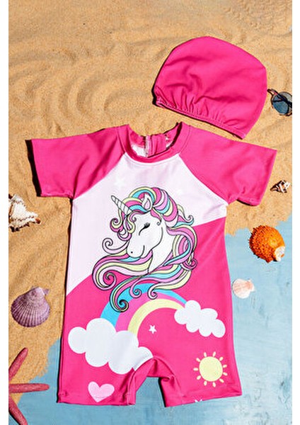 Baskılı Boneli Kız Çocuk Yüzücü Mayo