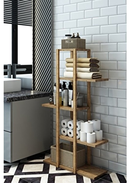 Jest Dekor 5 Katlı Banyo Rafı Ahşap Malzeme ile Dayanıklı ve Şık Tasarım 108 cm Yükseklik