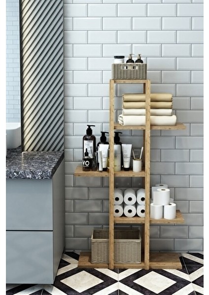 Jest Dekor 5 Katlı Banyo Rafı Ahşap Malzeme ile Dayanıklı ve Şık Tasarım 108 cm Yükseklik fiyatları