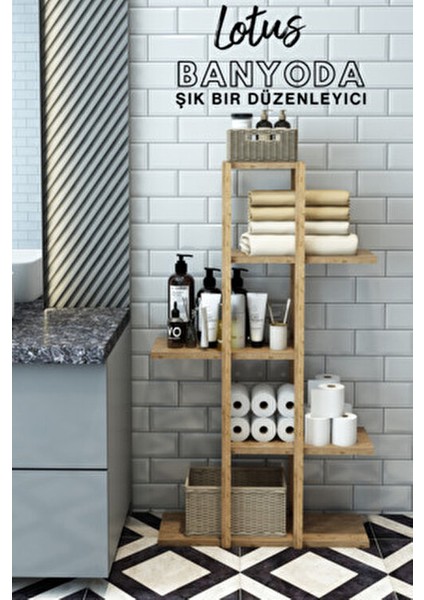 Jest Dekor 5 Katlı Banyo Rafı Ahşap Malzeme ile Dayanıklı ve Şık Tasarım 108 cm Yükseklik modelleri