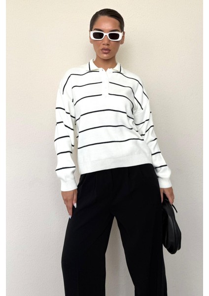 Kemik Rengi Çizgili Polo Yaka Kadın Triko Kazak MG2470