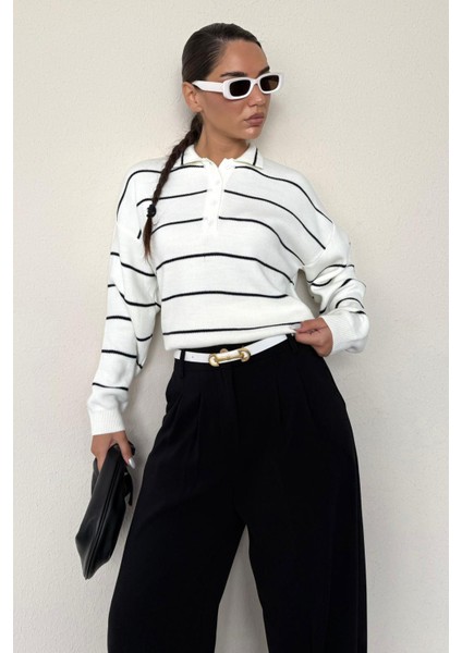 Kemik Rengi Çizgili Polo Yaka Kadın Triko Kazak MG2470 fiyatları