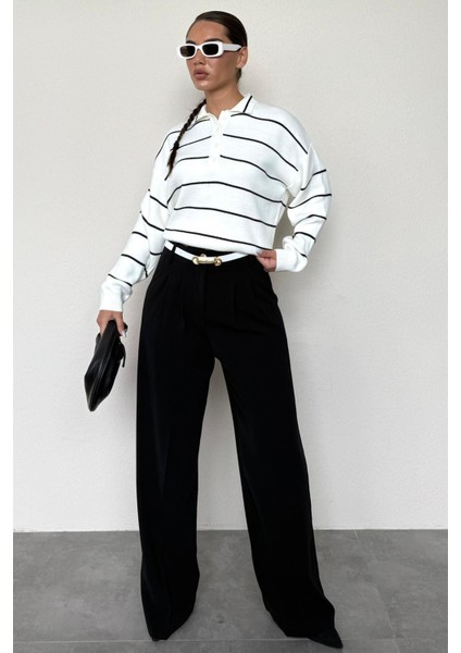 Kemik Rengi Çizgili Polo Yaka Kadın Triko Kazak MG2470 modelleri