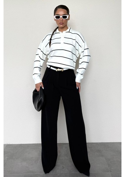 Kemik Rengi Çizgili Polo Yaka Kadın Triko Kazak MG2470 fırsatları