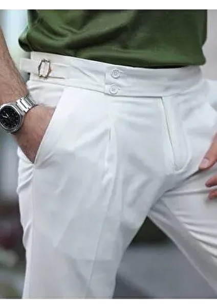 Erkek Slim Fit Old Money Pileli Duble Paça Pamuk-Elastan Kumaş Pantolon