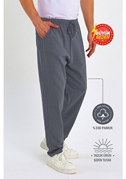 Erkek Büyük Beden %100 Pamuk Keten Görünümlü Pantolon E206 İnce Kumaşlı Rahat Tasarım