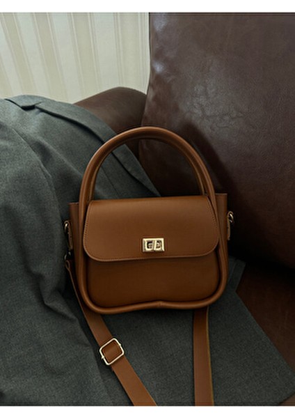 Kadın Gold Kilit Detaylı Ayarlanabilir Askılı Taba El Omuz ve Çapraz Çanta Mona