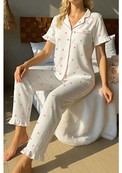 Kısa Kollu Pijama Takımı Pembe Kalp Desenli Düğmeli Tasarım fiyatları