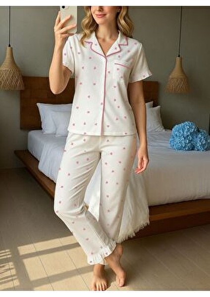Kısa Kollu Pijama Takımı Pembe Kalp Desenli Düğmeli Tasarım modelleri