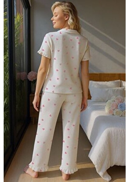 Kısa Kollu Pijama Takımı Pembe Kalp Desenli Düğmeli Tasarım fırsatları