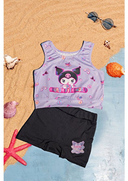 Karakter Baskılı Desenli Crop Kız Çocuk Mayo Bikini Takım