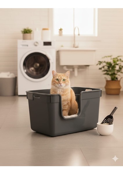 Tanos Dekoratif Büyük Yarı Kapalı Kedi Tuvaleti (Kürek Hediyeli)