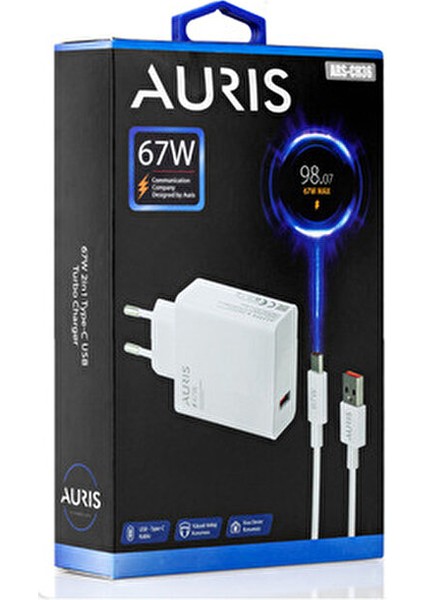 Auris 67 Watt Hızlı Şarj Aleti Type C Kablo + USB Şarj Başlığı Yüksek Hızlı Şarj Göstergesi Çıkaran