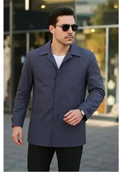 Erkek Klasik Yaka Kapitoneli Su Itici Trençkot Mavi Uzun Kollu Dokuma