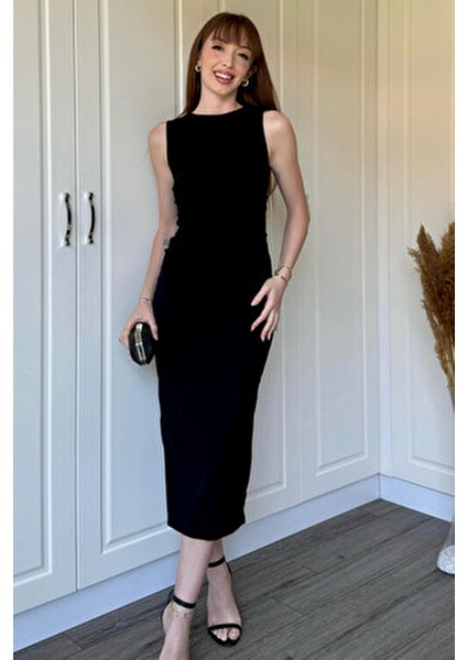 Drapeli Midi Siyah Elbise fırsatları