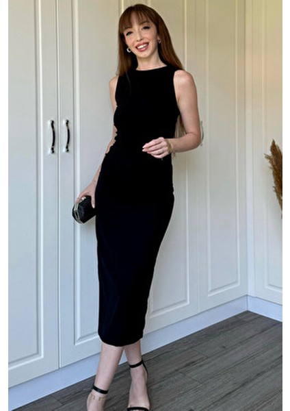 Drapeli Midi Siyah Elbise