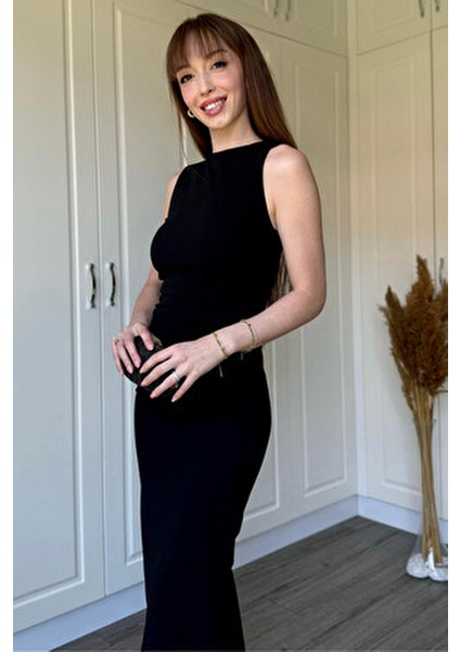 Drapeli Midi Siyah Elbise