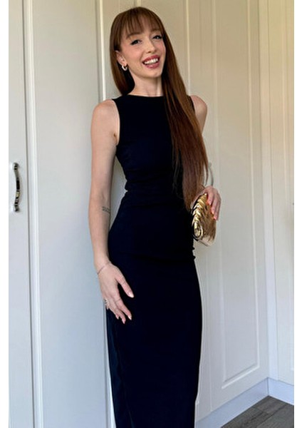 Drapeli Midi Siyah Elbise