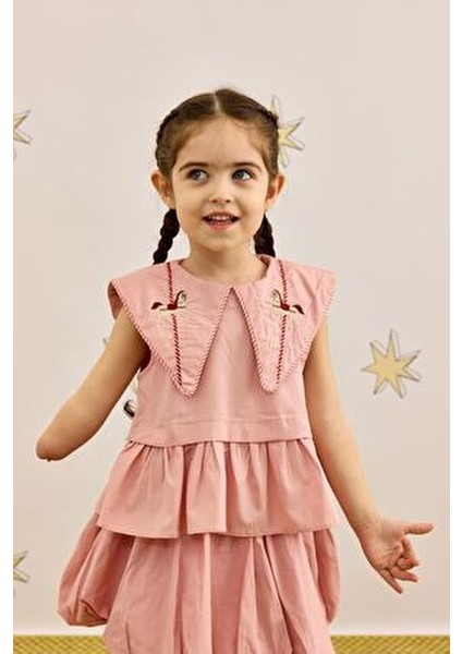 Peplum Gömlek Kız Çocuklar İçin Düz Pembe Renkli Şık Askılı Model