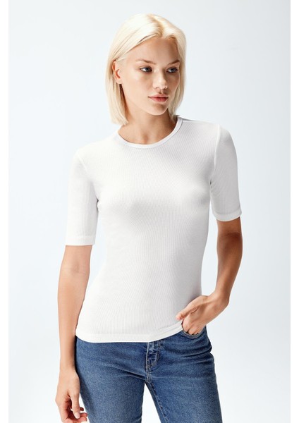 Kadın Modal Fitilli T-Shirt Ekru Renk