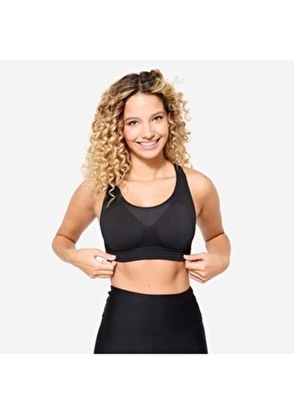 Yüzücü Sırt Dikişsiz Sporcu Sütyeni - Orta Destek - Siyah