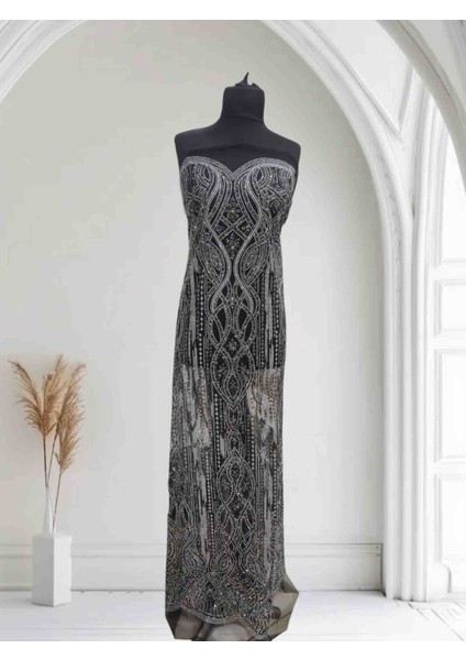 Taş Işlemeli Simli Tül Abiye Kumaş