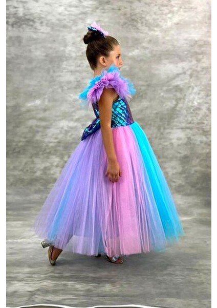 Tüllü Kabarık Etekli Süper Konsept Deniz Kızı Pul Desenli Kız Çocuk Abiye-Parti-Doğum Günü Kostümü modelleri