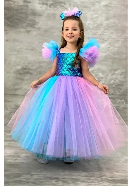 Tüllü Kabarık Etekli Süper Konsept Deniz Kızı Pul Desenli Kız Çocuk Abiye-Parti-Doğum Günü Kostümü