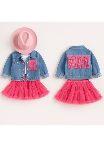 Kız Çocuk Püsküllü Kot Ceket ve Tütü Etek Alt Üst Takım Trend Moda Yeni Sezon
