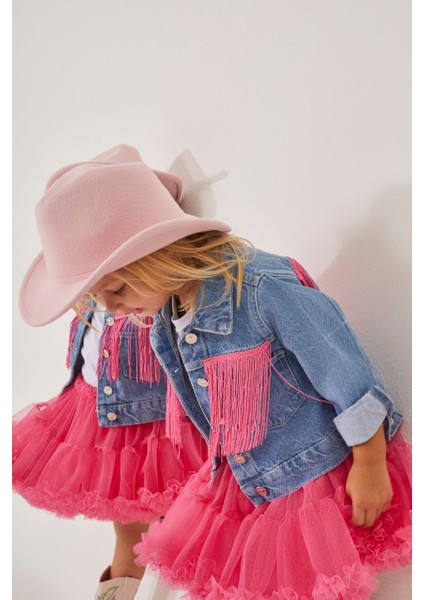 Kız Çocuk Püsküllü Kot Ceket ve Tütü Etek Alt Üst Takım Trend Moda Yeni Sezon fiyatları