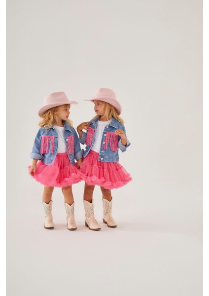 Kız Çocuk Püsküllü Kot Ceket ve Tütü Etek Alt Üst Takım Trend Moda Yeni Sezon modelleri