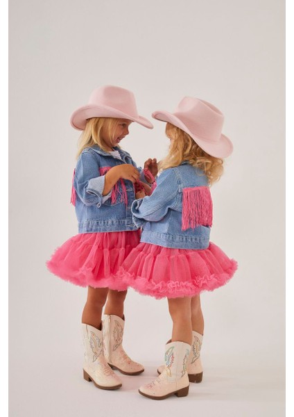 Kız Çocuk Püsküllü Kot Ceket ve Tütü Etek Alt Üst Takım Trend Moda Yeni Sezon fırsatları