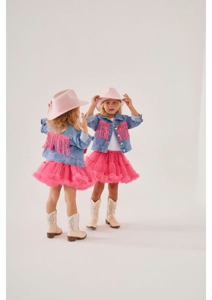 Kız Çocuk Püsküllü Kot Ceket ve Tütü Etek Alt Üst Takım Trend Moda Yeni Sezon